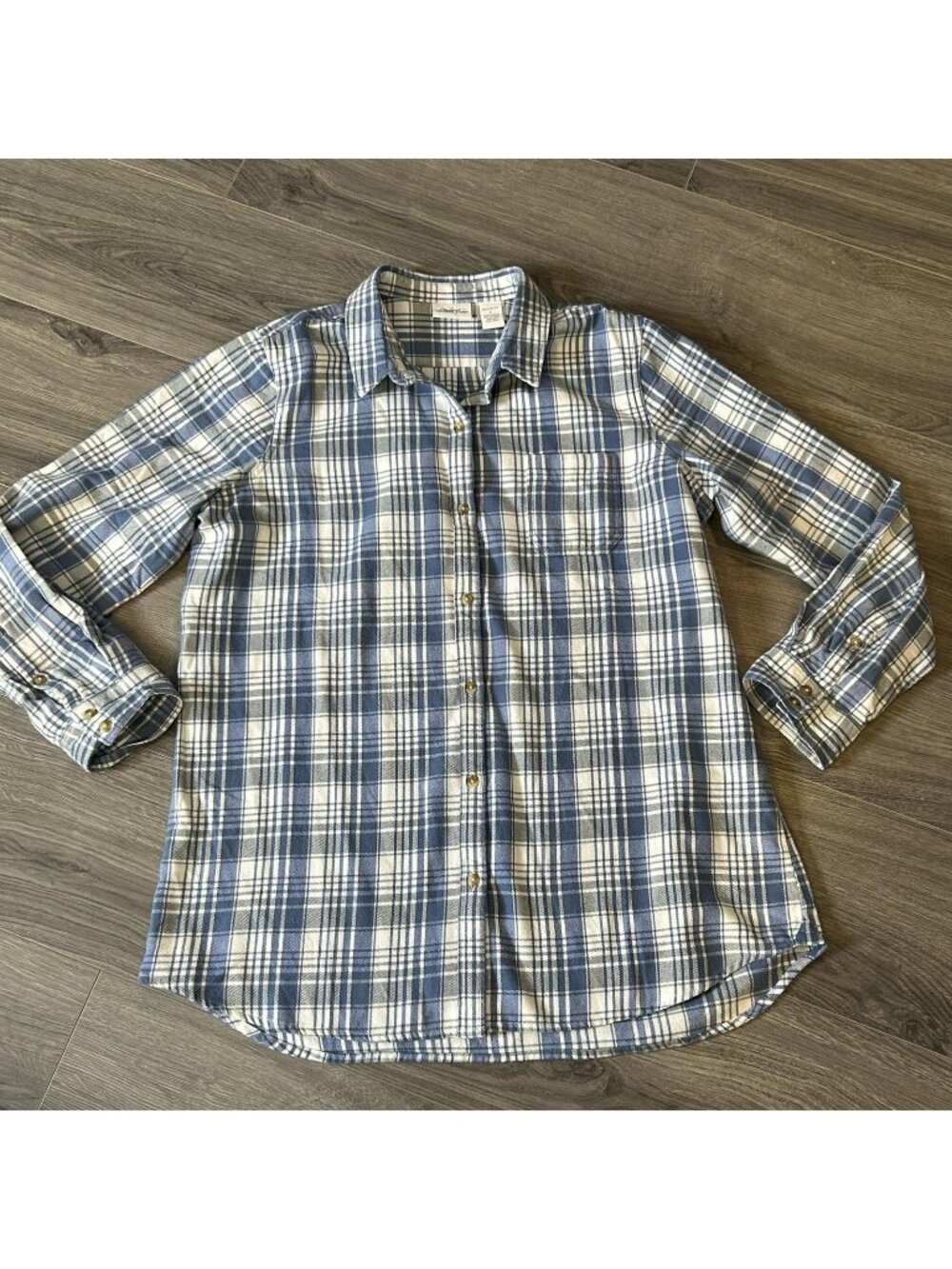 The Vermont Country Store Shirt Womens L Blue Plaid Flannel Cabin Long Button Up